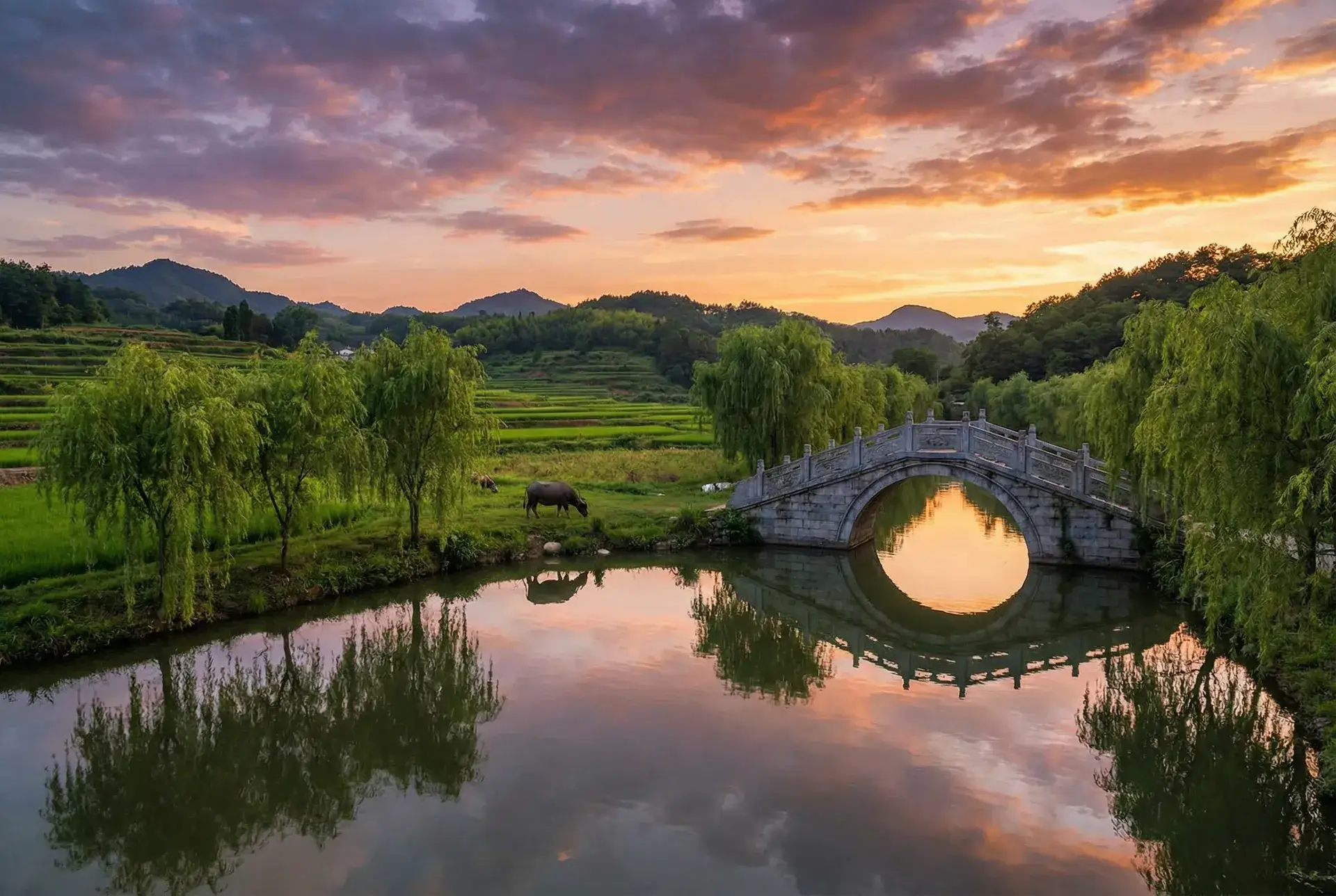 夕阳下的石拱桥与垂柳，水牛在河边吃草 - 小太阳H 乡村美景